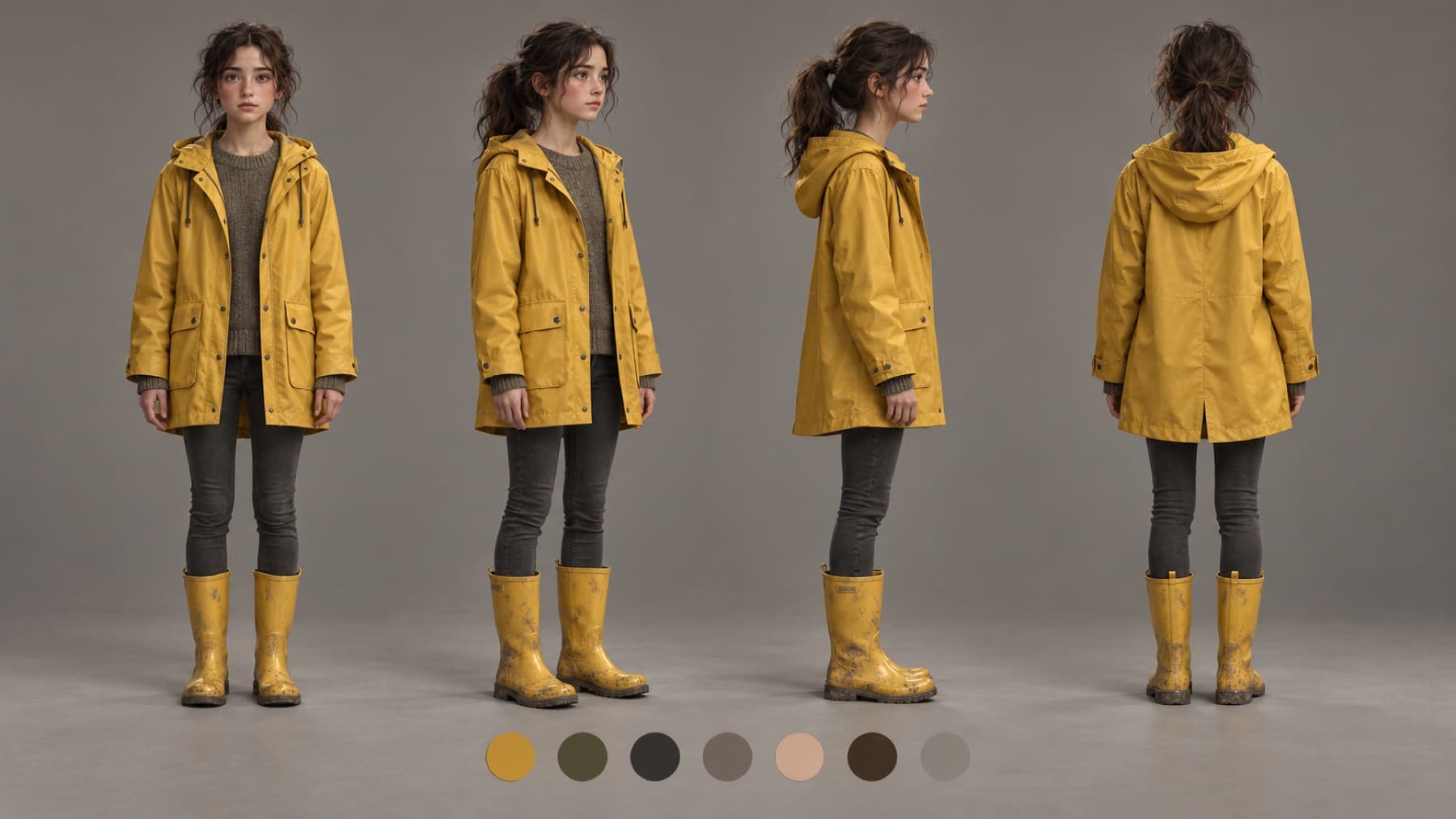 Character sheet: four turnaround views of a girl in a yellow raincoat