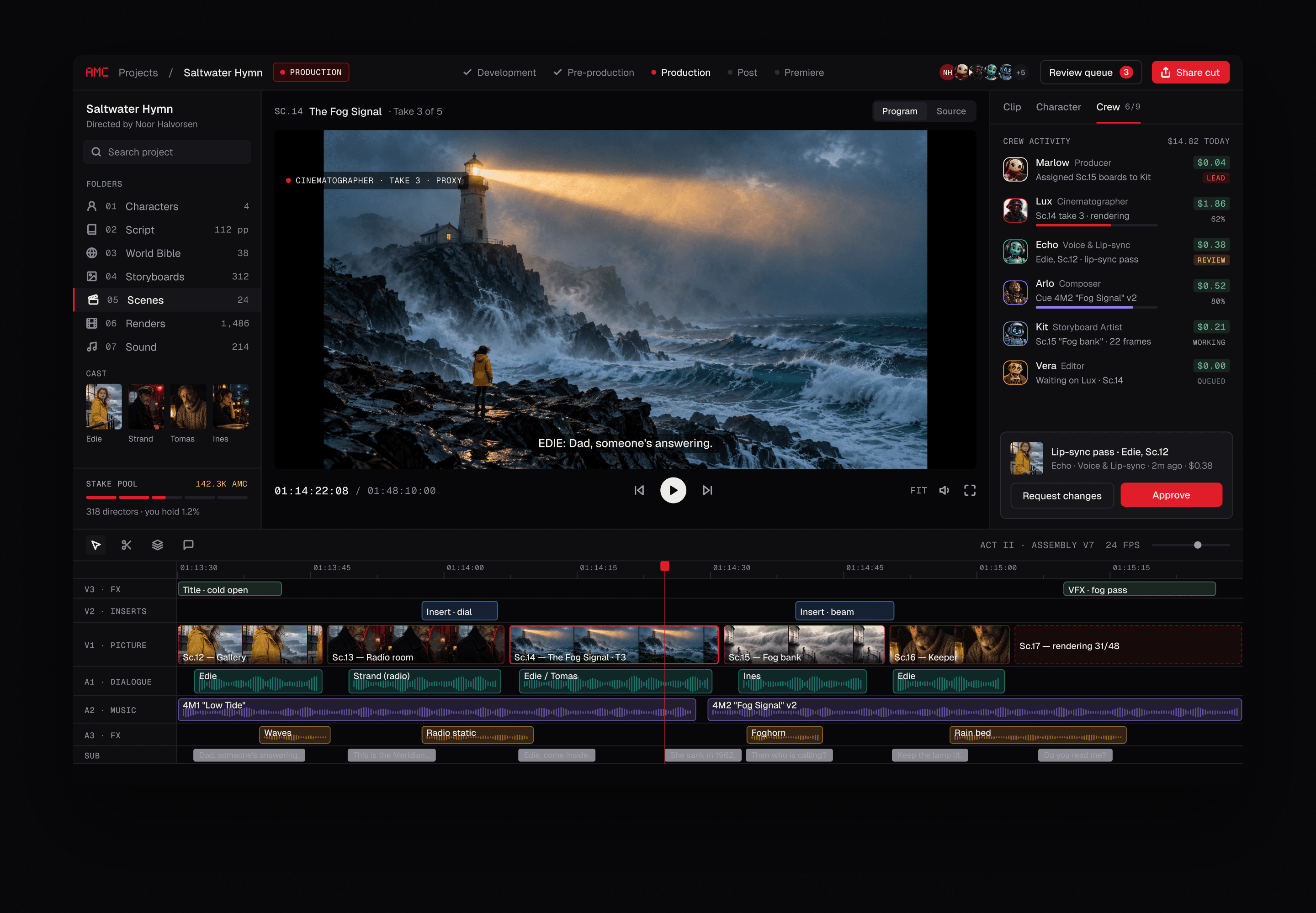 The AMC studio editor: a production's folders, the program monitor, crew activity and a multi-lane timeline.
