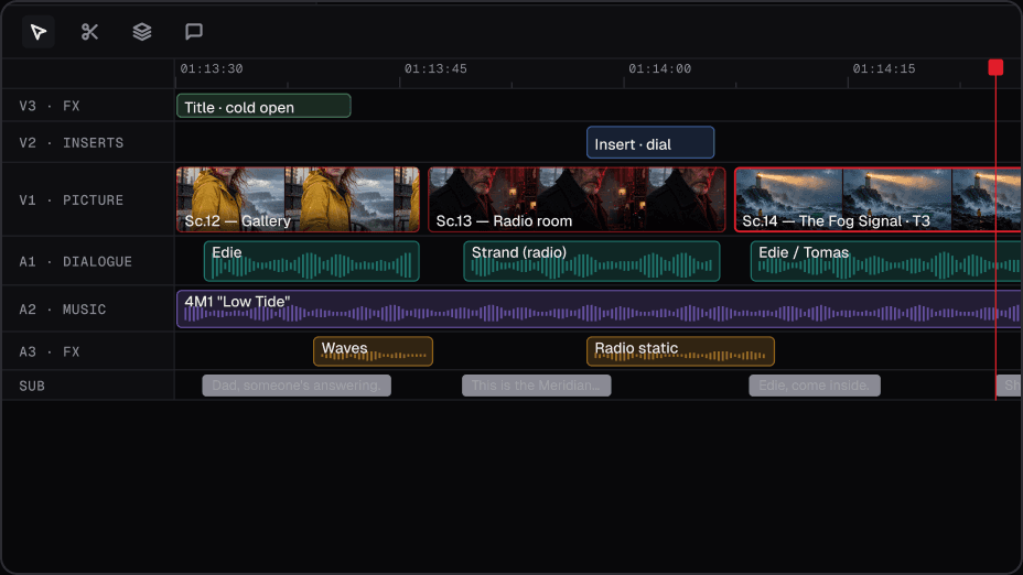 Editor timeline with picture, dialogue, music and effects lanes